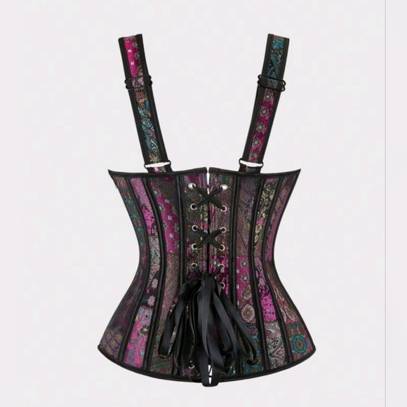 NWT Patchwork Multicolor Floral Jacquard Lace Up Corset SZ L - Picture 3 of 15